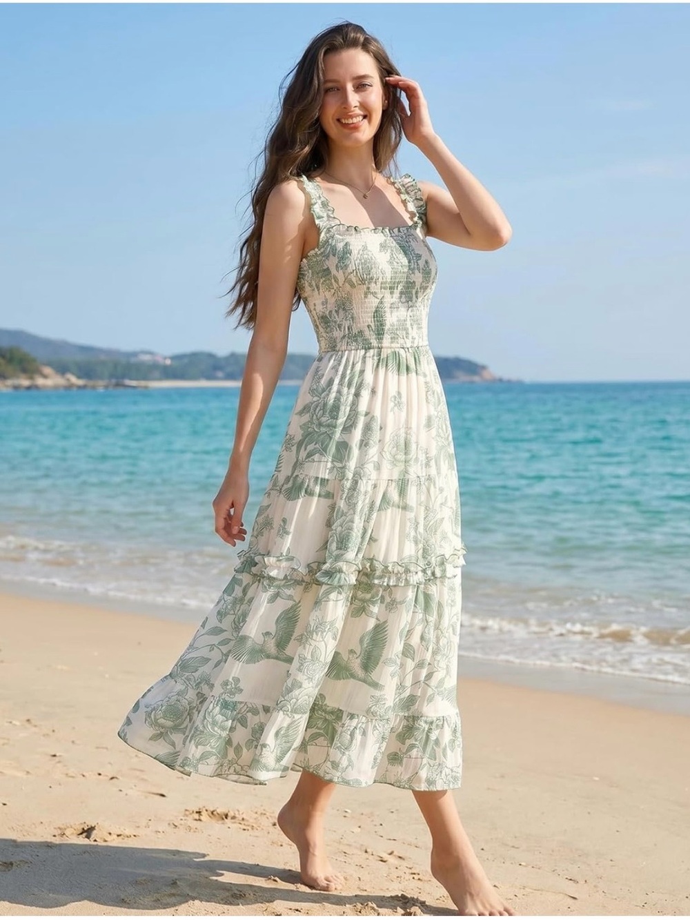 Smocked Green Leaf Print Maxi Dress - Women's Summer Beach Dress